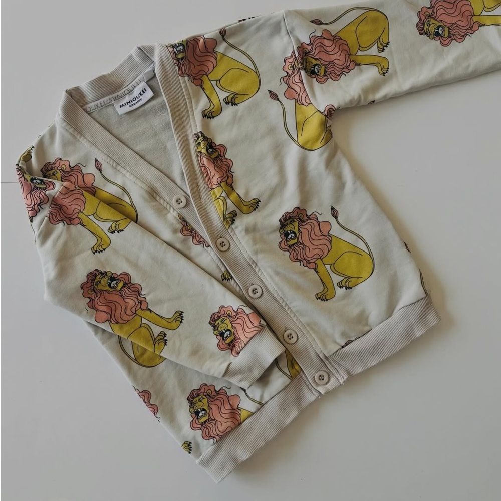 Minioukei Organic Kids Lion Print Cardigan. 100% organic cotton